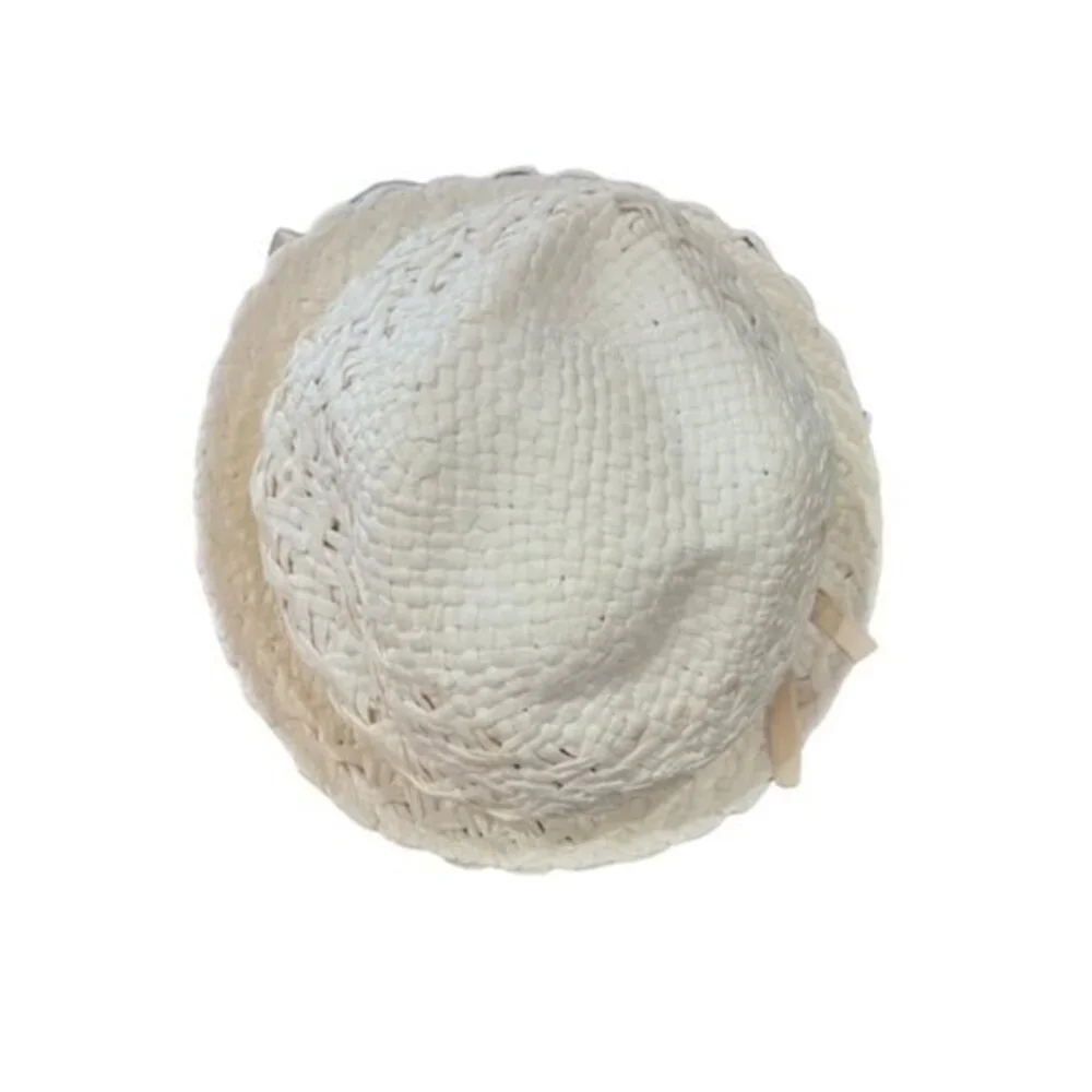 White Paper Bucket Hat Beige Ribbon Summer Sun Beaded Beach Pool Vacation Travel